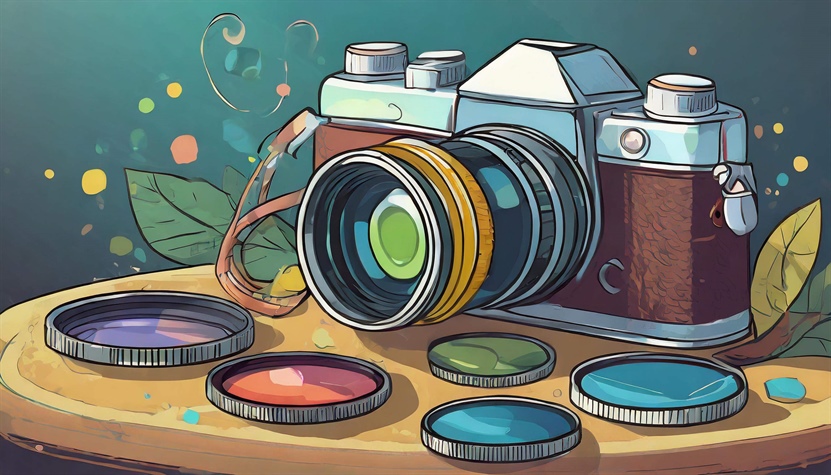 Depiction of a retro camera surrounded by lense filters