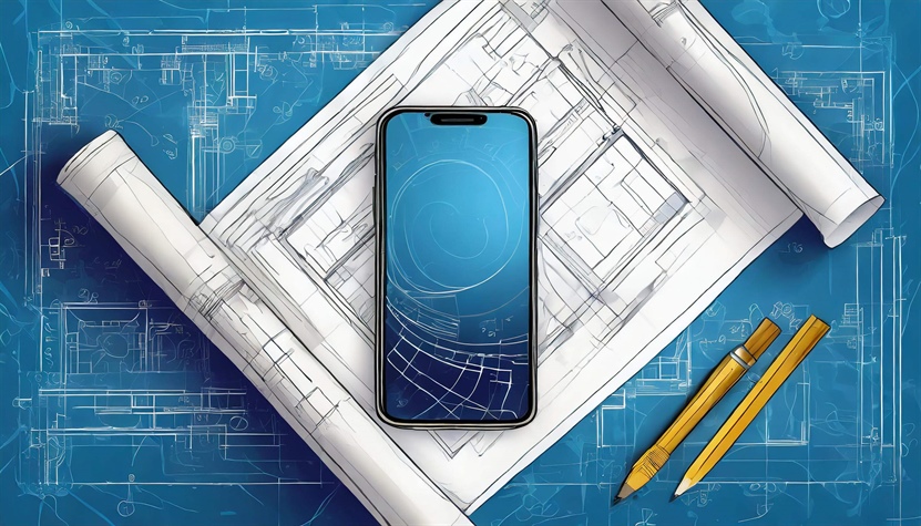Depiction of a phone sitting on top of a blueprint