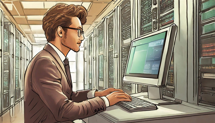 Depiction of a man typing at a computer terminal