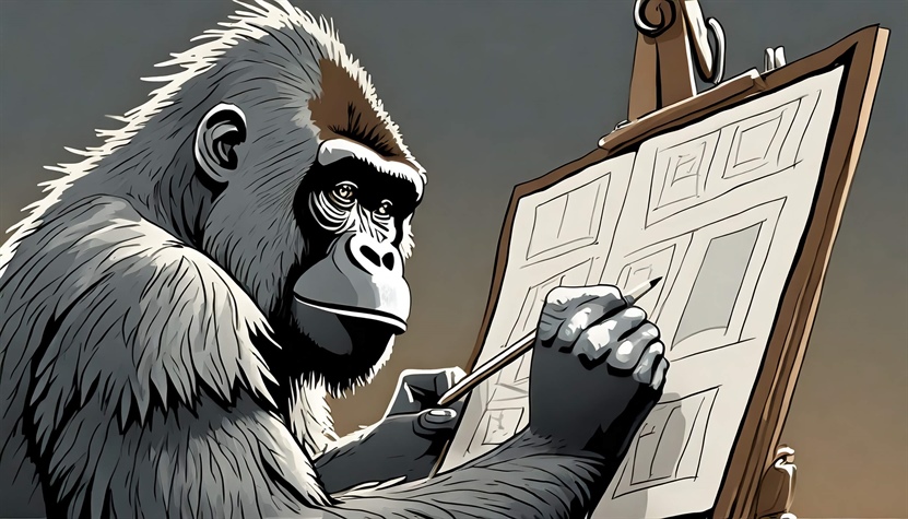 Depiction of a gorilla drawing on an artboard