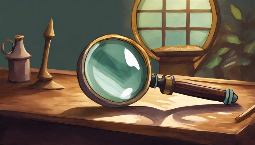 Depiction of a magnifying glass sitting on a table