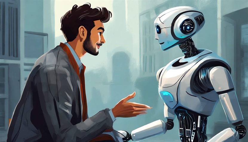 Depiction of a man having a conversation with a robot