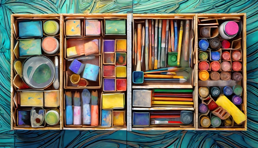 Depiction of interlocking boxes containing art supplies