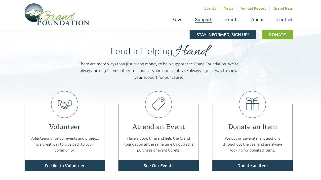 Grand Foundation website showing less is more in terms of copy