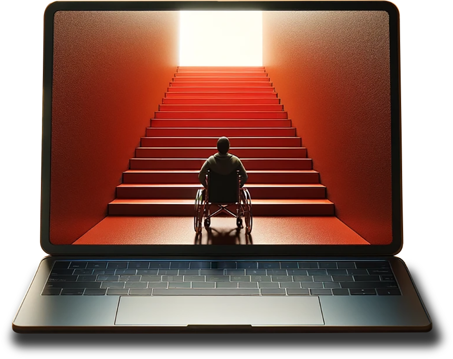 Laptop showing a wheelchair user at the bottom of a staircase