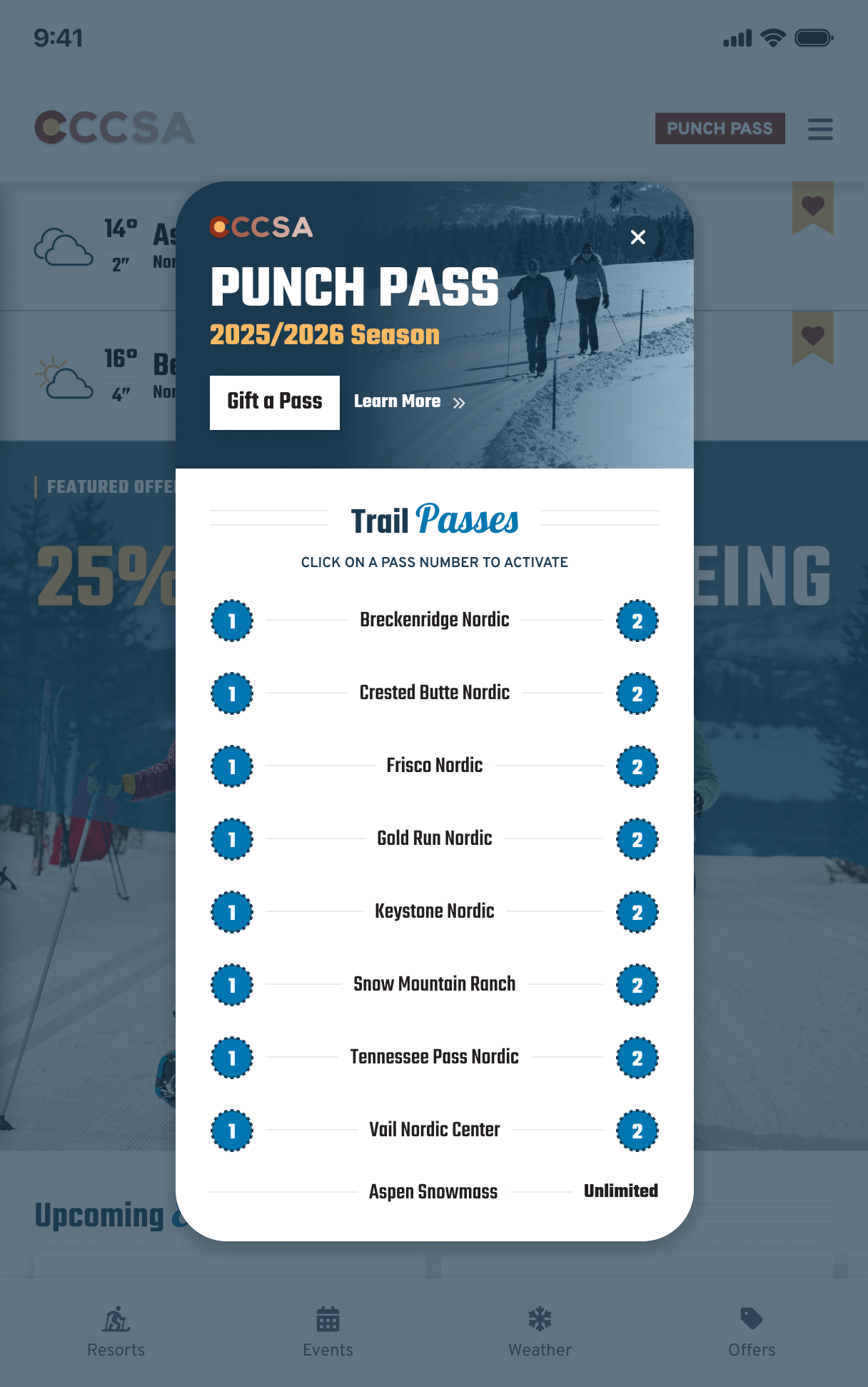 CCCSA Mobile App showing Punch Pass Redemption Screen