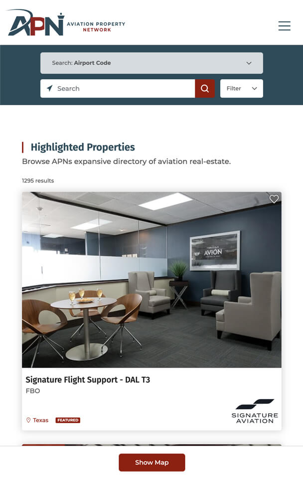 Aviation Property Network Listing Screen
